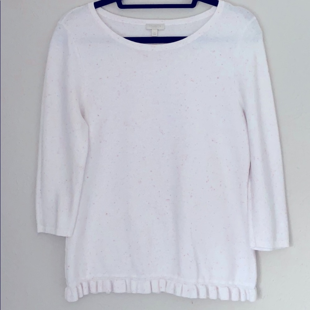 White, Quarter Sleeve Sweater with Ruffle Edge